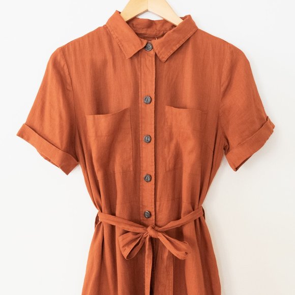 Magaschoni Linen Short Sleeve Midi Length Tie Waist Button Down Dress - Picture 2 of 7